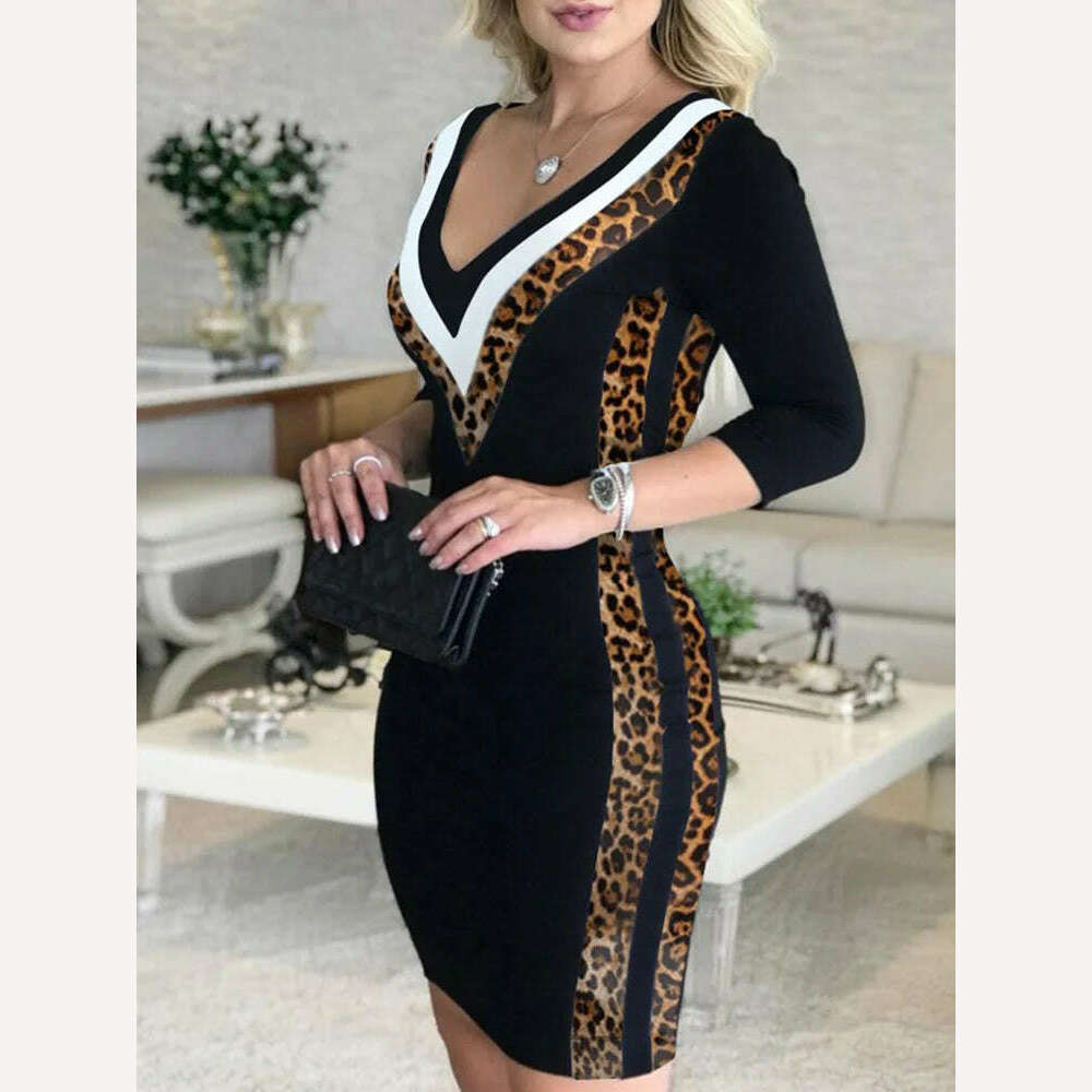 KIMLUD, Contrast Color Striped Tape Bodycon Dress Women Sexy V Neck Long Sleeve Party Dress, Leopard / S, KIMLUD APPAREL - Womens Clothes