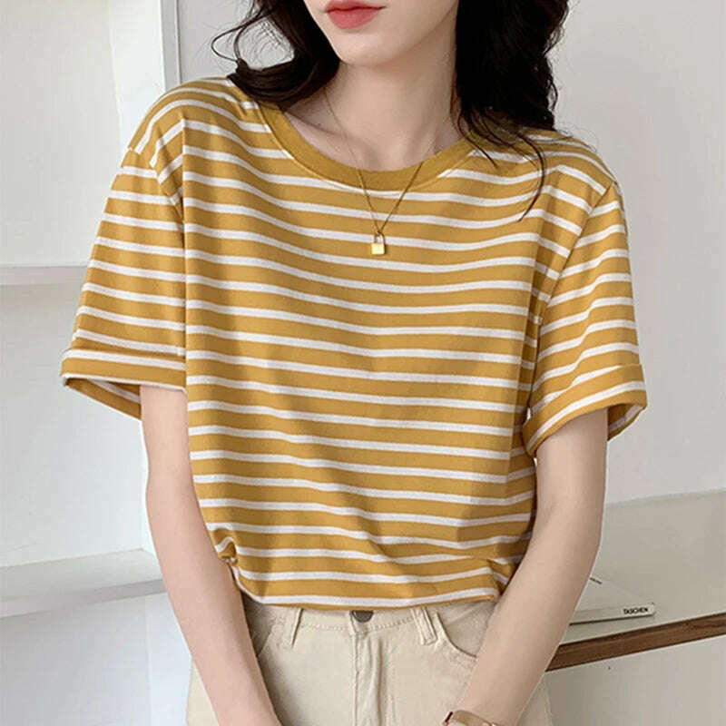 KIMLUD, Cotton T Shirt Women 2023 Summer Loose Striped T Shirts Casual O Neck Basic Ladies Clothes Korean Fashion T-shirt Female Tee Top, KIMLUD Womens Clothes