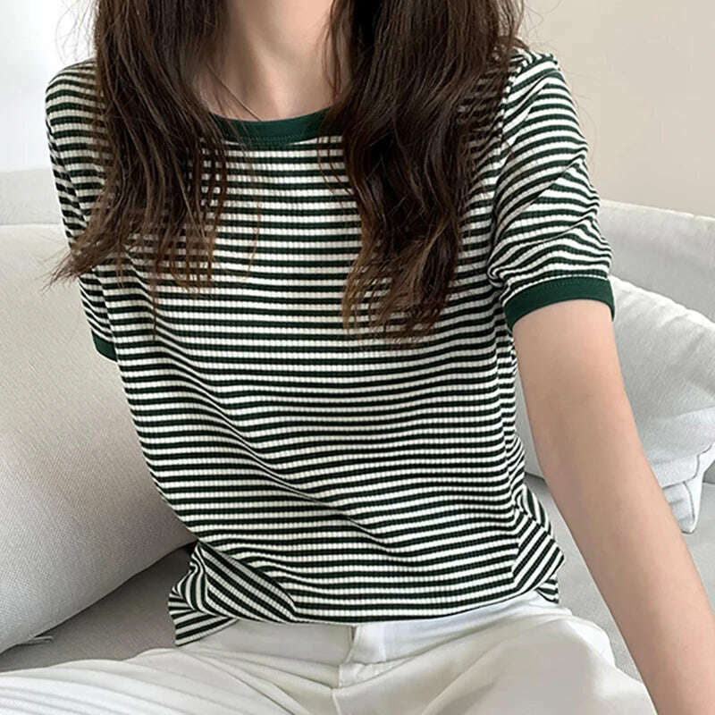 KIMLUD, Cotton T Shirt Women 2023 Summer Loose Striped T Shirts Casual O Neck Basic Ladies Clothes Korean Fashion T-shirt Female Tee Top, 6106G / S, KIMLUD APPAREL - Womens Clothes