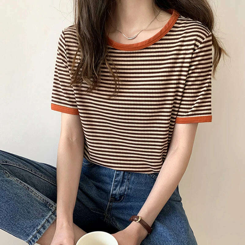 KIMLUD, Cotton T Shirt Women 2023 Summer Loose Striped T Shirts Casual O Neck Basic Ladies Clothes Korean Fashion T-shirt Female Tee Top, 6106C / L, KIMLUD APPAREL - Womens Clothes