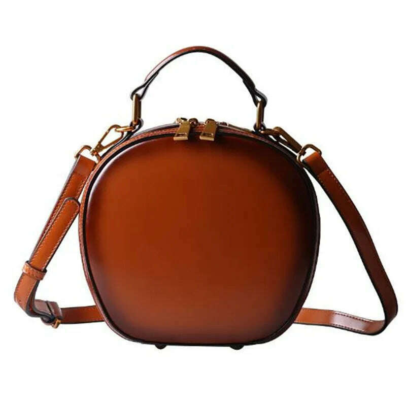 Cowhide bag 2023 new leather female retro apple bag single shoulder crossbody portable fashion small round bags - KIMLUD