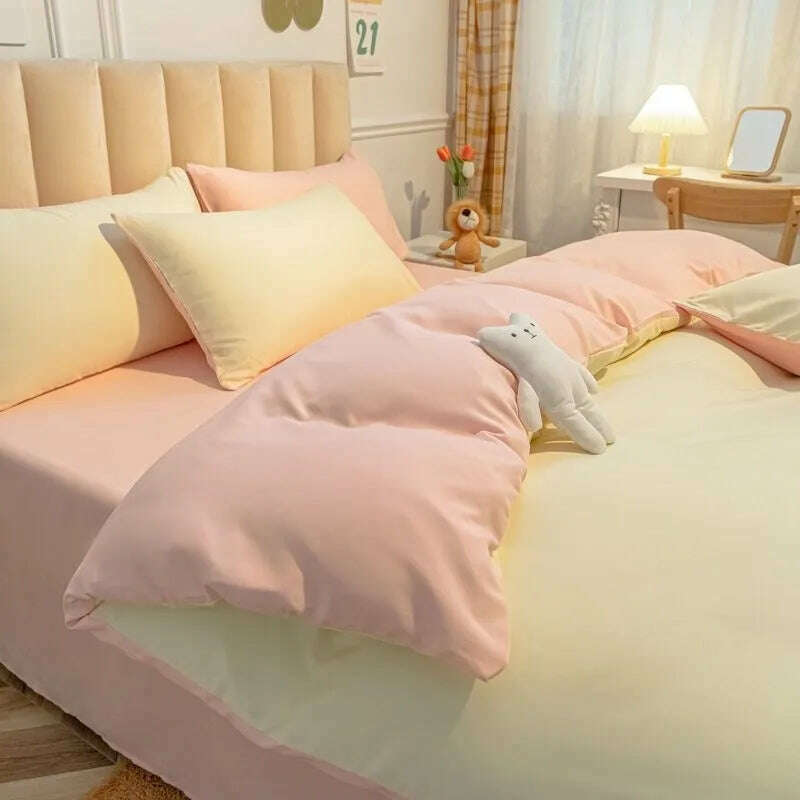 Cream Style Solid Colours Pink Yellow Bedding Set Twin Full Queen King Size Bed Linen Girls Adults Bed Flat Sheet Pillowcase - KIMLUD