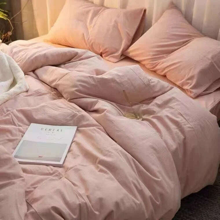 KIMLUD, Cream Style Solid Colours Pink Yellow Bedding Set Twin Full Queen King Size Bed Linen Girls Adults  Bed Flat Sheet Pillowcase, KIMLUD Womens Clothes