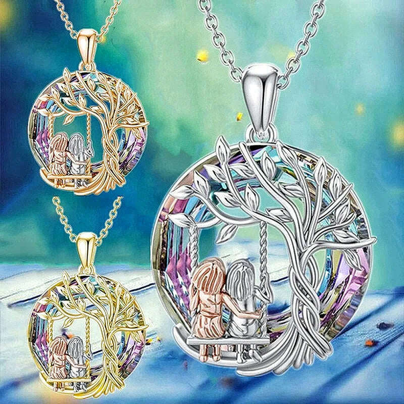 Creative Sister Crystal Necklace Stainless Steel Life Tree Pendant Engagement Necklaces for Women Stainless Steel Jewelry Gift - KIMLUD