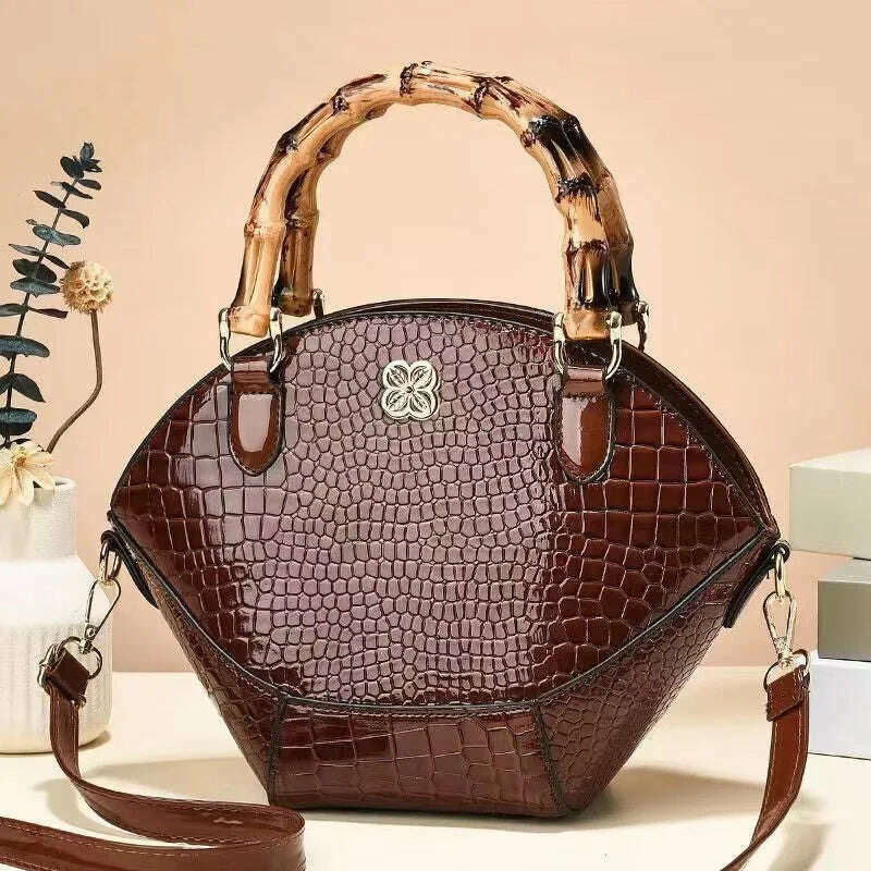 KIMLUD, Crocodile Pattern Creative Shell Shaped Shoulder Bags High Quality Retro Bamboo Joint Handle Handbag Women Office Crossbody Bag, KIMLUD Womens Clothes