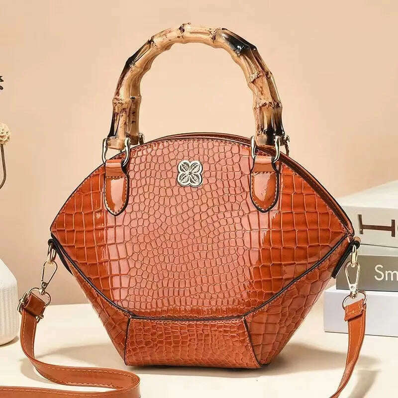 KIMLUD, Crocodile Pattern Creative Shell Shaped Shoulder Bags High Quality Retro Bamboo Joint Handle Handbag Women Office Crossbody Bag, KIMLUD Womens Clothes