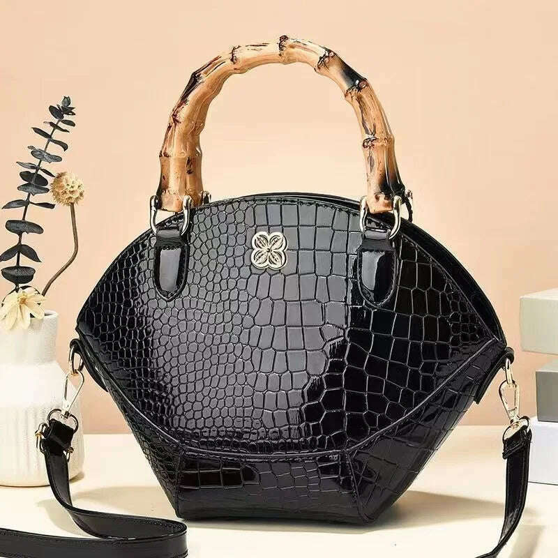 KIMLUD, Crocodile Pattern Creative Shell Shaped Shoulder Bags High Quality Retro Bamboo Joint Handle Handbag Women Office Crossbody Bag, KIMLUD Womens Clothes