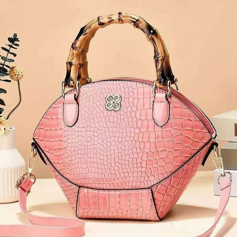 KIMLUD, Crocodile Pattern Creative Shell Shaped Shoulder Bags High Quality Retro Bamboo Joint Handle Handbag Women Office Crossbody Bag, KIMLUD Womens Clothes