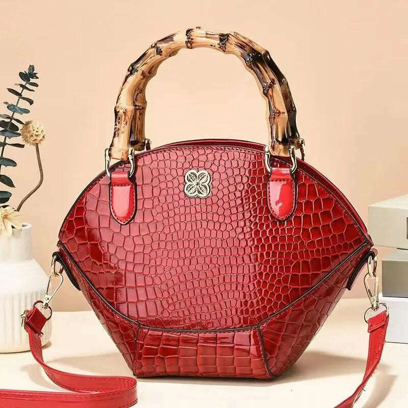 KIMLUD, Crocodile Pattern Creative Shell Shaped Shoulder Bags High Quality Retro Bamboo Joint Handle Handbag Women Office Crossbody Bag, KIMLUD Womens Clothes