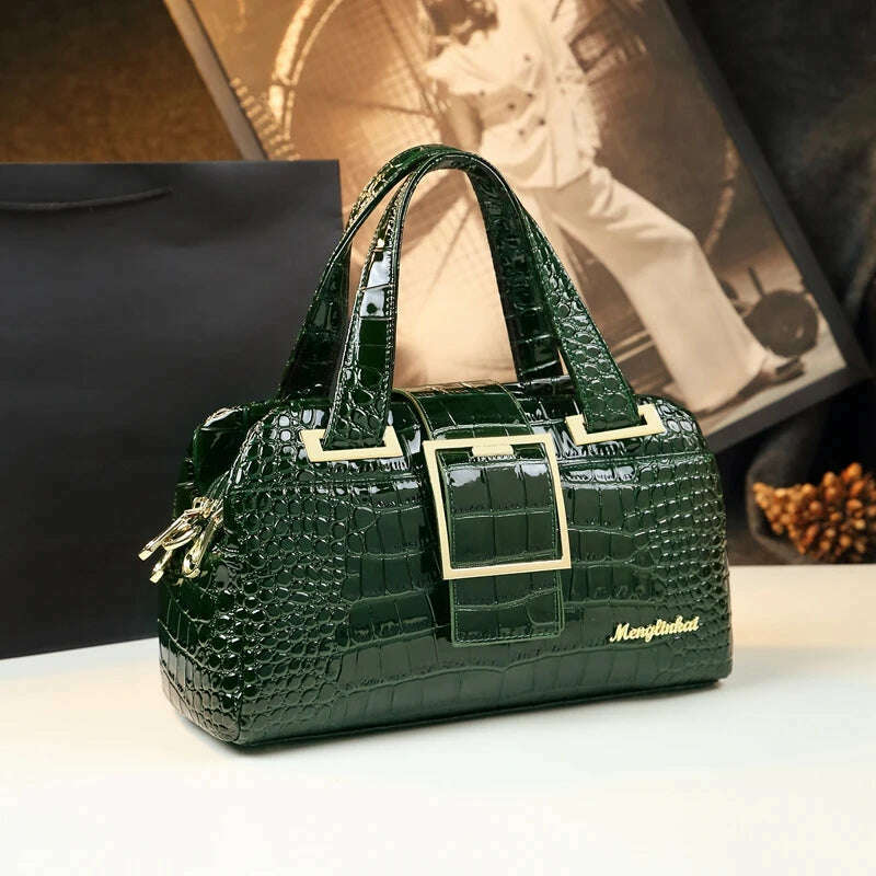 KIMLUD, Crocodile pattern leather Women handbags 2021 female shoulder messenger bag soft leather Portable Boston middle-aged mother bags, Green, KIMLUD APPAREL - Womens Clothes