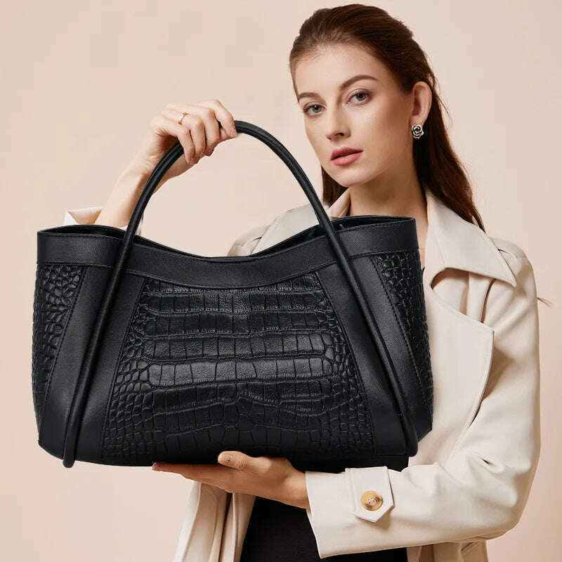 KIMLUD, Crocodile Pattern Leather Women&#39;s Handbags Fashion Commuter Large Capacity Tote Shoulder Messenger Bags Luxury Fashion, Black, KIMLUD APPAREL - Womens Clothes