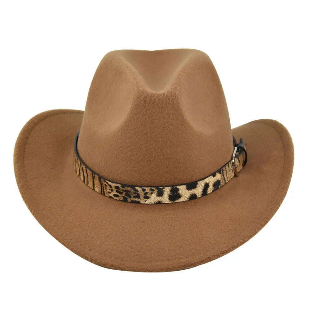 KIMLUD, Cross-Border Fur Felt Sheep Cowboy Leopard Belt Woolen Ethnic A Hood Retro Fedora Hat, BF71311 Deep Khaki / M5658cm, KIMLUD APPAREL - Womens Clothes