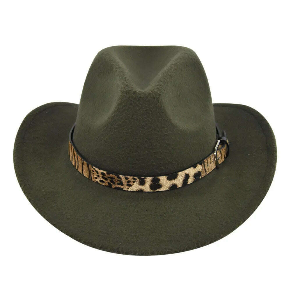 KIMLUD, Cross-Border Fur Felt Sheep Cowboy Leopard Belt Woolen Ethnic A Hood Retro Fedora Hat, BF71310 Army Green / M5658cm, KIMLUD APPAREL - Womens Clothes