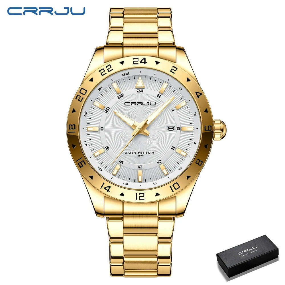 KIMLUD, CRRJU Fashion Watch Men Stainless Steel Top Brand Luxury Waterproof Luminous Wristwatch Mens Watches Sports Quartz Date, Gold box, KIMLUD APPAREL - Womens Clothes