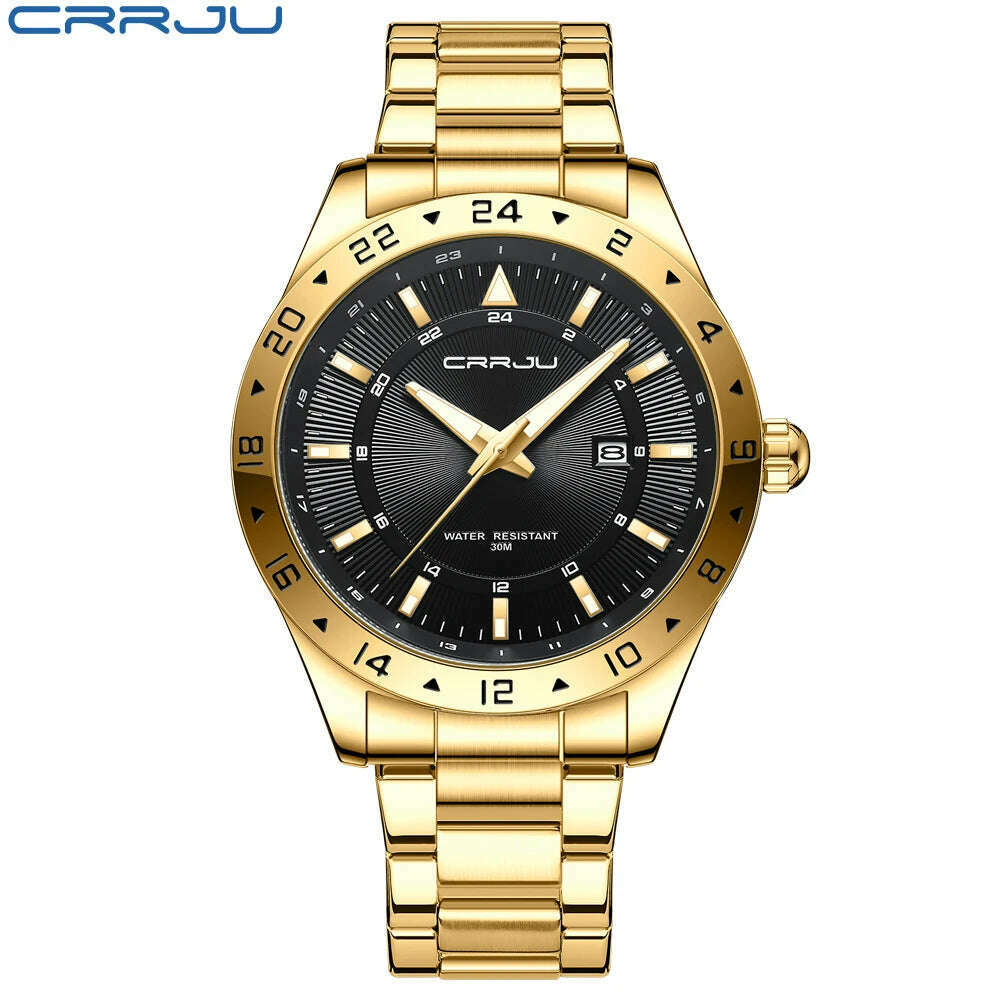 KIMLUD, CRRJU Fashion Watch Men Stainless Steel Top Brand Luxury Waterproof Luminous Wristwatch Mens Watches Sports Quartz Date, Gold black, KIMLUD APPAREL - Womens Clothes