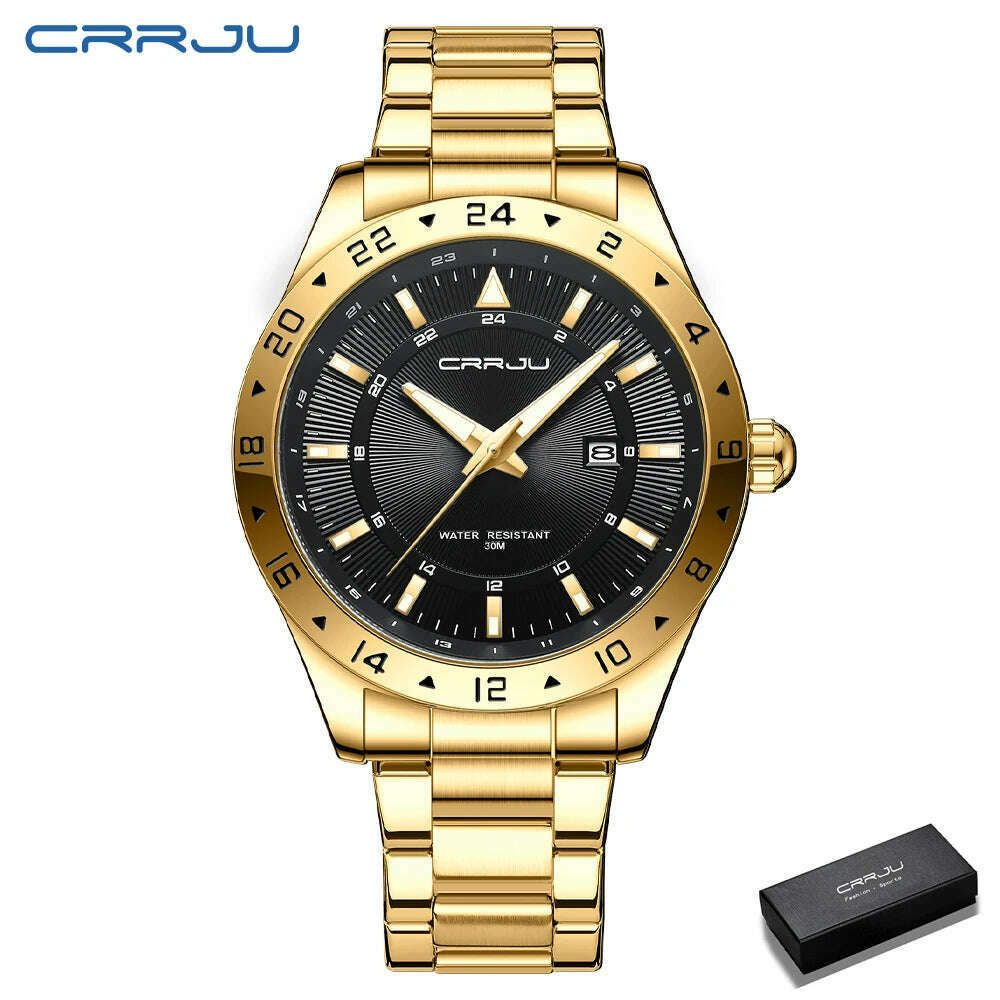 KIMLUD, CRRJU Fashion Watch Men Stainless Steel Top Brand Luxury Waterproof Luminous Wristwatch Mens Watches Sports Quartz Date, Gold black box, KIMLUD APPAREL - Womens Clothes