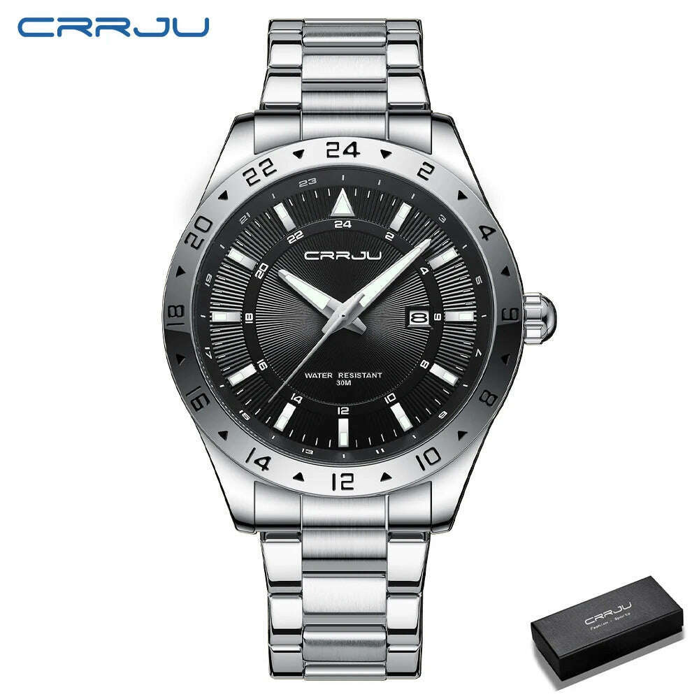 KIMLUD, CRRJU Fashion Watch Men Stainless Steel Top Brand Luxury Waterproof Luminous Wristwatch Mens Watches Sports Quartz Date, Silver box, KIMLUD APPAREL - Womens Clothes