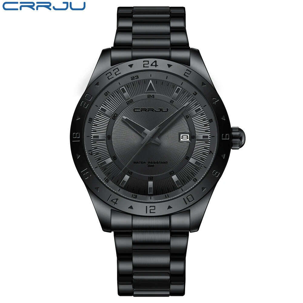 KIMLUD, CRRJU Fashion Watch Men Stainless Steel Top Brand Luxury Waterproof Luminous Wristwatch Mens Watches Sports Quartz Date, Black, KIMLUD APPAREL - Womens Clothes