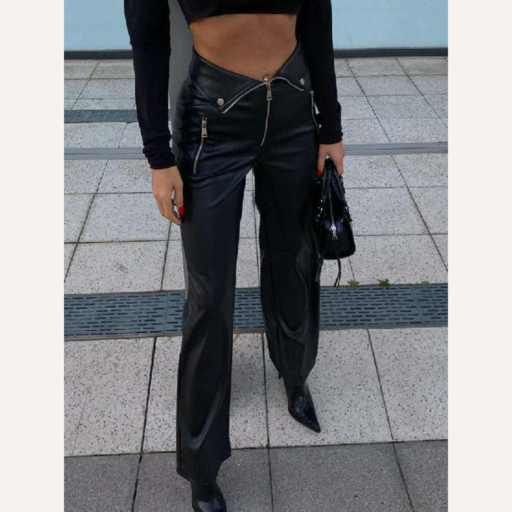 Cryptographic PU Leather Zip Up High Rise Pants Club Party Casual Chic Straight Leg Pants for Women Trousers Pant Gothic Loose - KIMLUD