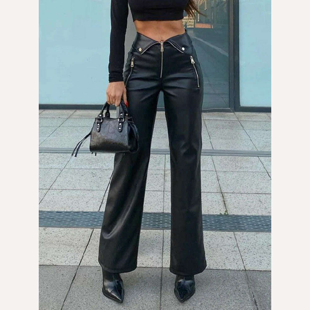 Cryptographic PU Leather Zip Up High Rise Pants Club Party Casual Chic Straight Leg Pants for Women Trousers Pant Gothic Loose - KIMLUD