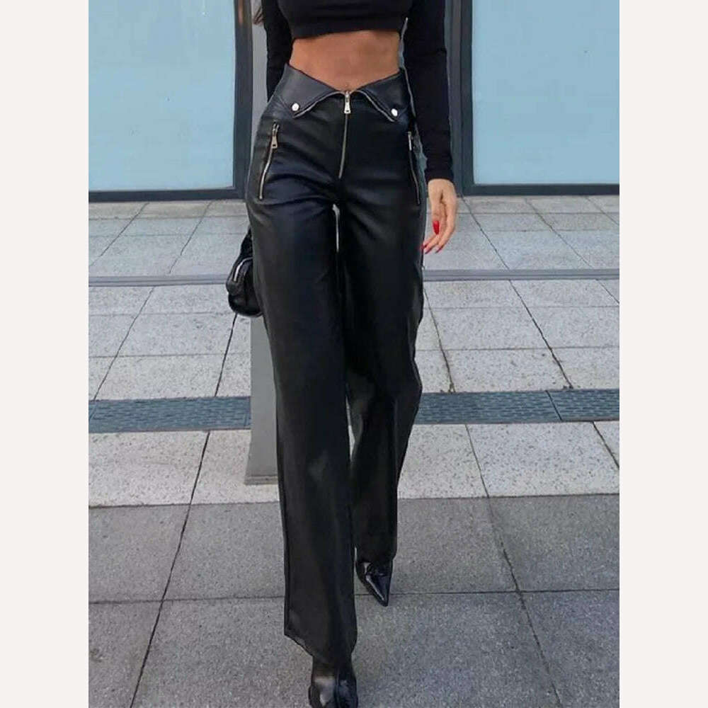 Cryptographic PU Leather Zip Up High Rise Pants Club Party Casual Chic Straight Leg Pants for Women Trousers Pant Gothic Loose - KIMLUD