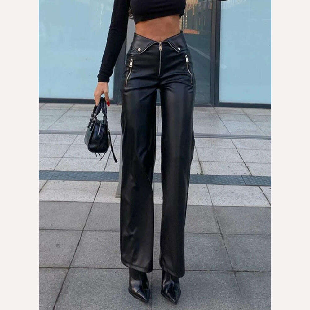 KIMLUD, Cryptographic PU Leather Zip Up High Rise Pants Club Party Casual Chic Straight Leg Pants for Women Trousers Pant Gothic Loose, KIMLUD Womens Clothes