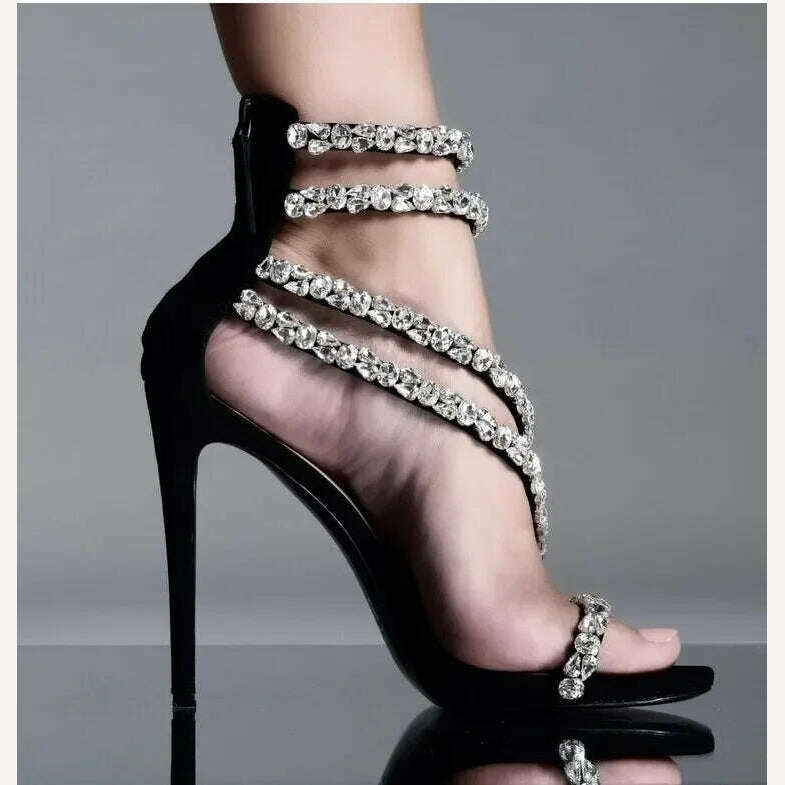 KIMLUD, Crystal Chain Oblique Strap High Heel Sandals Beaded Party Wedding Large Rhinestone Spliced Thin High Heel Shoes Big Size 35-43, GEX004black / 36, KIMLUD APPAREL - Womens Clothes