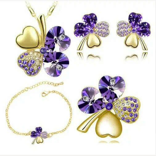 KIMLUD, Crystal Clover 4 Leaf heart fashion jewelry set dropshipping Necklace earrings bracelet brooch charm girl quality birthday gifts, gold darkpurpel, KIMLUD APPAREL - Womens Clothes