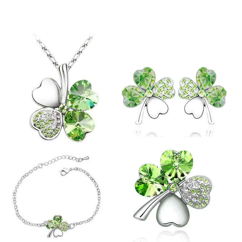 KIMLUD, Crystal Clover 4 Leaf heart fashion jewelry set dropshipping Necklace earrings bracelet brooch charm girl quality birthday gifts, silver lightgreen, KIMLUD APPAREL - Womens Clothes