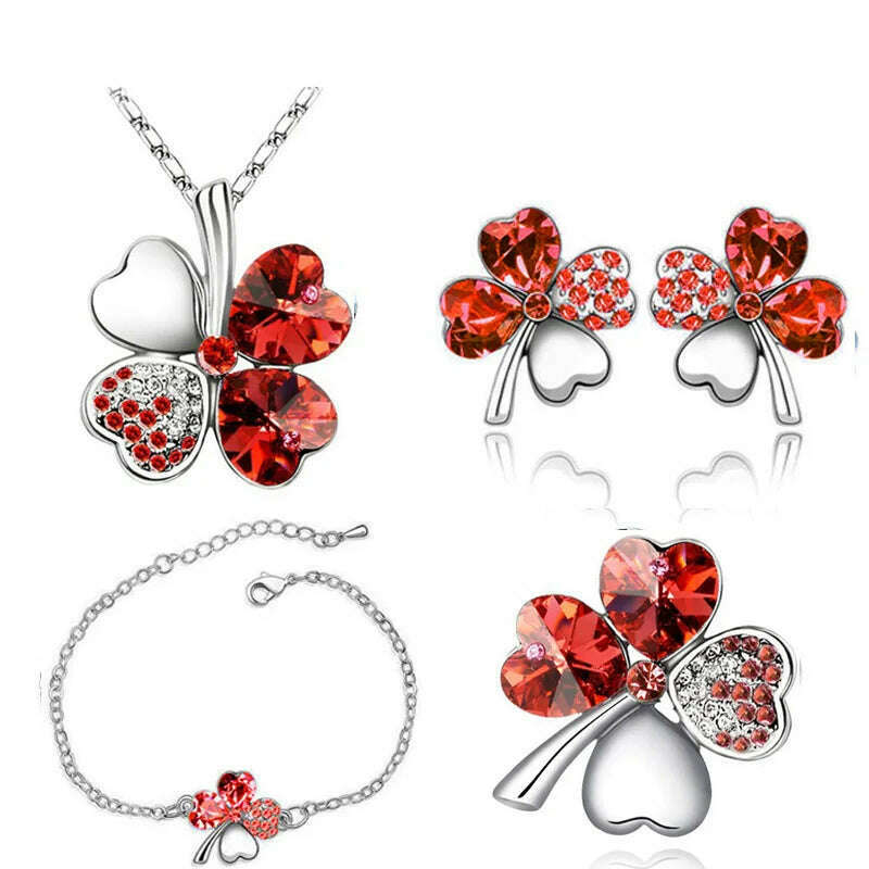 KIMLUD, Crystal Clover 4 Leaf heart fashion jewelry set dropshipping Necklace earrings bracelet brooch charm girl quality birthday gifts, silver red, KIMLUD APPAREL - Womens Clothes