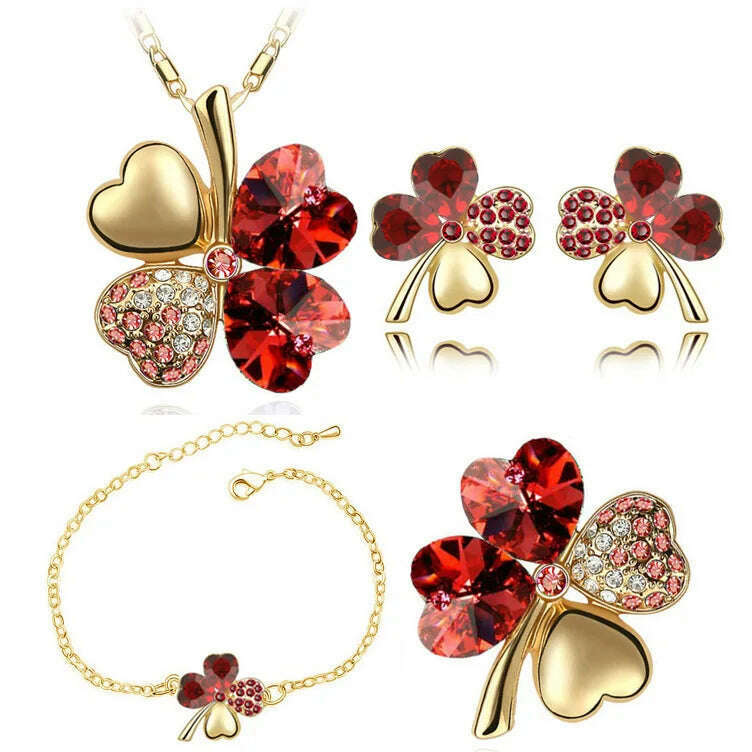 KIMLUD, Crystal Clover 4 Leaf heart fashion jewelry set dropshipping Necklace earrings bracelet brooch charm girl quality birthday gifts, gold red, KIMLUD APPAREL - Womens Clothes