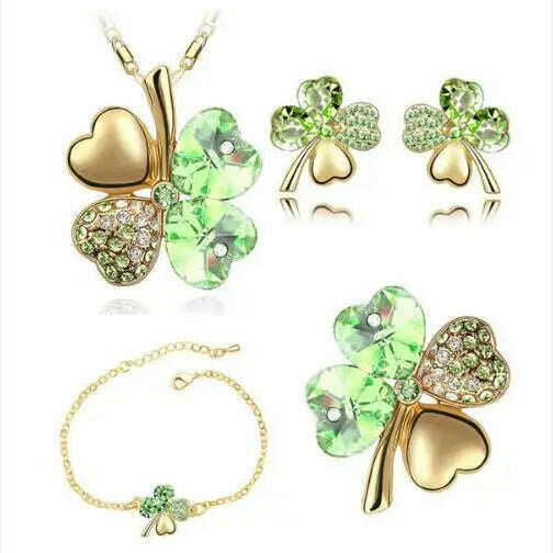 KIMLUD, Crystal Clover 4 Leaf heart fashion jewelry set dropshipping Necklace earrings bracelet brooch charm girl quality birthday gifts, gold lightgreen, KIMLUD APPAREL - Womens Clothes