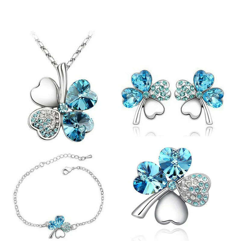 KIMLUD, Crystal Clover 4 Leaf heart fashion jewelry set dropshipping Necklace earrings bracelet brooch charm girl quality birthday gifts, silver oceanblue, KIMLUD APPAREL - Womens Clothes