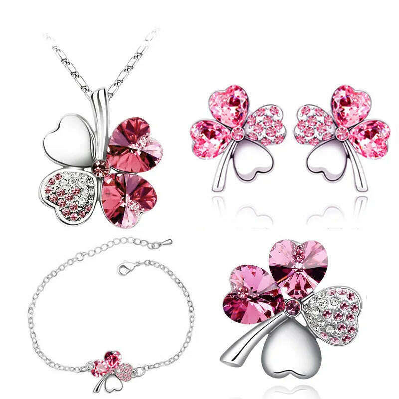 KIMLUD, Crystal Clover 4 Leaf heart fashion jewelry set dropshipping Necklace earrings bracelet brooch charm girl quality birthday gifts, silver darkpink, KIMLUD APPAREL - Womens Clothes