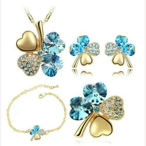 KIMLUD, Crystal Clover 4 Leaf heart fashion jewelry set dropshipping Necklace earrings bracelet brooch charm girl quality birthday gifts, gold oceanblue, KIMLUD APPAREL - Womens Clothes