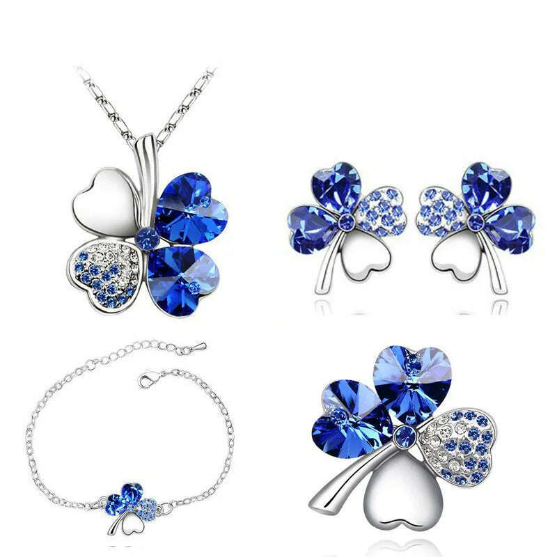 KIMLUD, Crystal Clover 4 Leaf heart fashion jewelry set dropshipping Necklace earrings bracelet brooch charm girl quality birthday gifts, silver darkblue, KIMLUD APPAREL - Womens Clothes