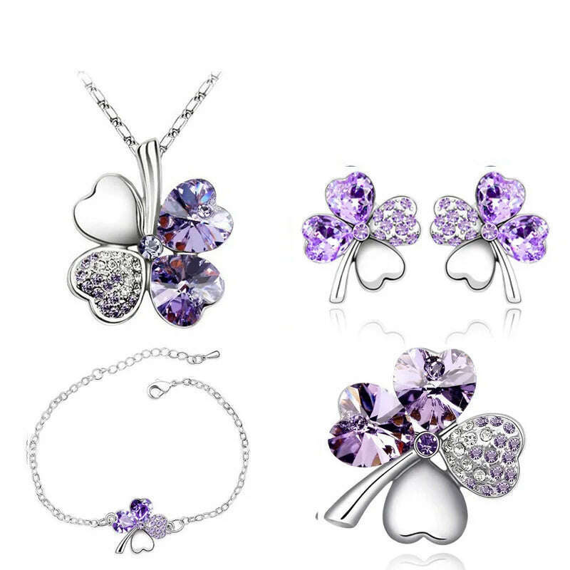 KIMLUD, Crystal Clover 4 Leaf heart fashion jewelry set dropshipping Necklace earrings bracelet brooch charm girl quality birthday gifts, silver violet, KIMLUD APPAREL - Womens Clothes