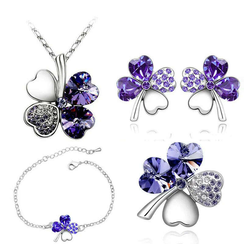 KIMLUD, Crystal Clover 4 Leaf heart fashion jewelry set dropshipping Necklace earrings bracelet brooch charm girl quality birthday gifts, silver purpel, KIMLUD APPAREL - Womens Clothes