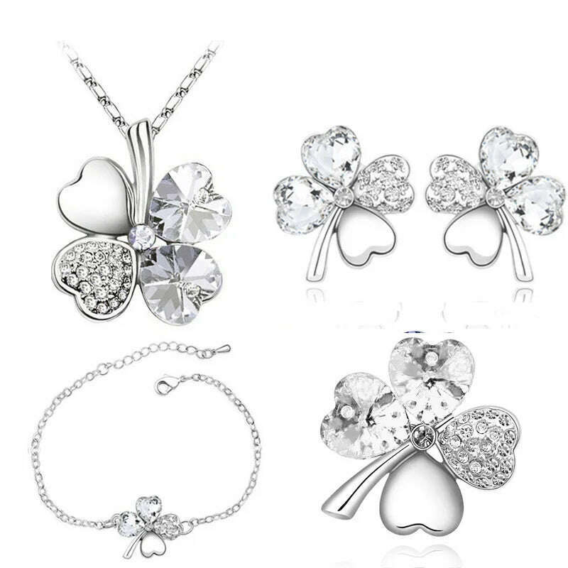 KIMLUD, Crystal Clover 4 Leaf heart fashion jewelry set dropshipping Necklace earrings bracelet brooch charm girl quality birthday gifts, silver white, KIMLUD APPAREL - Womens Clothes