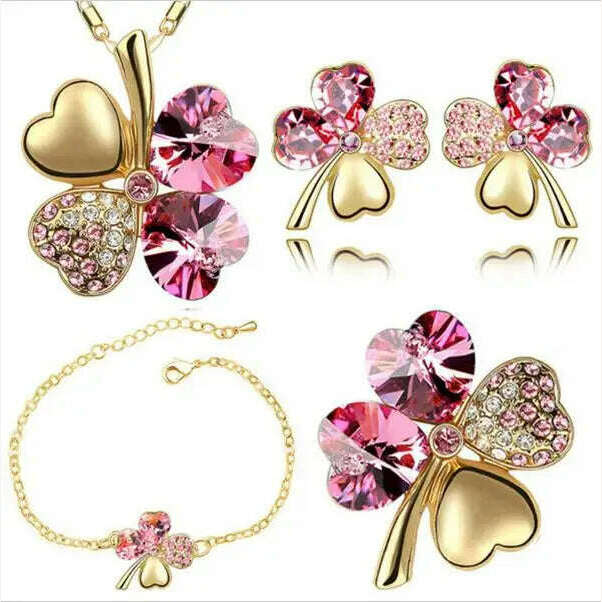 KIMLUD, Crystal Clover 4 Leaf heart fashion jewelry set dropshipping Necklace earrings bracelet brooch charm girl quality birthday gifts, gold darkpink, KIMLUD APPAREL - Womens Clothes