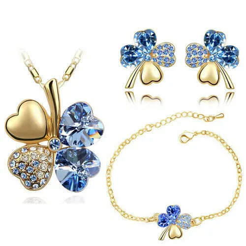 KIMLUD, Crystal Clover 4 Leaf leaves heart pendant Jewelry sets necklace earrings bracelet women lovers cute romantic gifts summer party, gold lightblue, KIMLUD APPAREL - Womens Clothes