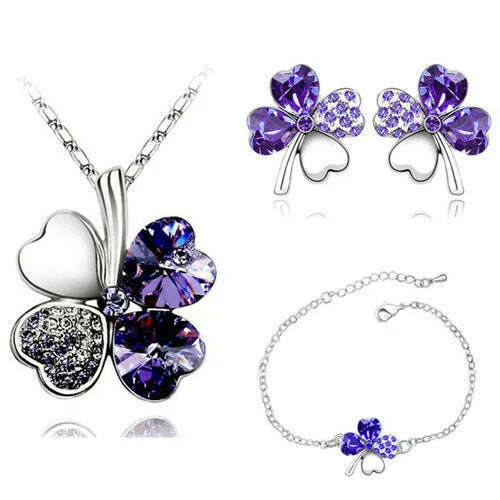 KIMLUD, Crystal Clover 4 Leaf leaves heart pendant Jewelry sets necklace earrings bracelet women lovers cute romantic gifts summer party, silver purple, KIMLUD APPAREL - Womens Clothes