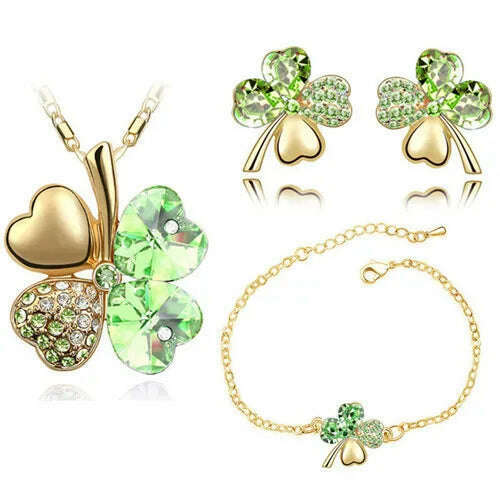 KIMLUD, Crystal Clover 4 Leaf leaves heart pendant Jewelry sets necklace earrings bracelet women lovers cute romantic gifts summer party, gold lightgreen, KIMLUD APPAREL - Womens Clothes