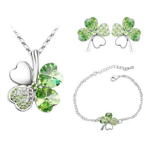 KIMLUD, Crystal Clover 4 Leaf leaves heart pendant Jewelry sets necklace earrings bracelet women lovers cute romantic gifts summer party, silver lightgreen, KIMLUD APPAREL - Womens Clothes