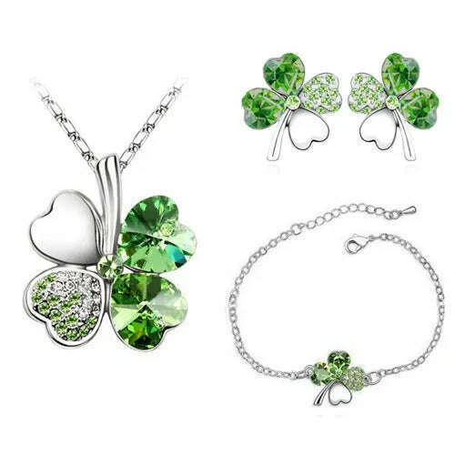 KIMLUD, Crystal Clover 4 Leaf leaves heart pendant Jewelry sets necklace earrings bracelet women lovers cute romantic gifts summer party, silver darkgreen, KIMLUD APPAREL - Womens Clothes