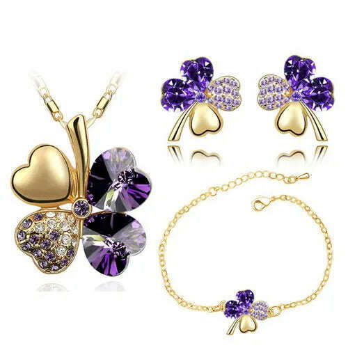 KIMLUD, Crystal Clover 4 Leaf leaves heart pendant Jewelry sets necklace earrings bracelet women lovers cute romantic gifts summer party, gold purple, KIMLUD APPAREL - Womens Clothes