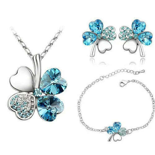 KIMLUD, Crystal Clover 4 Leaf leaves heart pendant Jewelry sets necklace earrings bracelet women lovers cute romantic gifts summer party, silver oceanblue, KIMLUD APPAREL - Womens Clothes