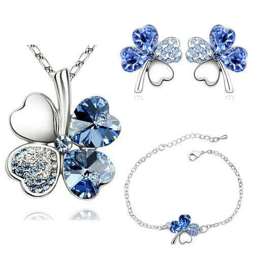 KIMLUD, Crystal Clover 4 Leaf leaves heart pendant Jewelry sets necklace earrings bracelet women lovers cute romantic gifts summer party, silver lightblue, KIMLUD APPAREL - Womens Clothes