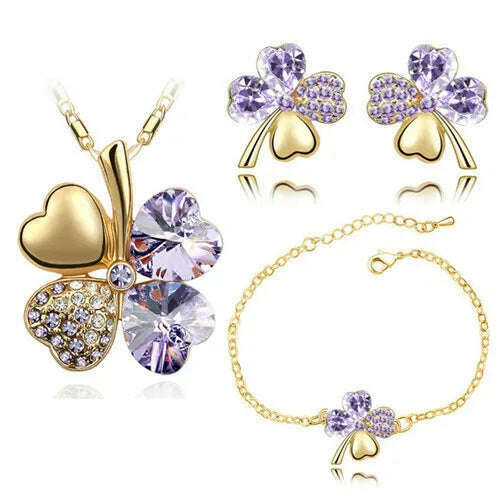 KIMLUD, Crystal Clover 4 Leaf leaves heart pendant Jewelry sets necklace earrings bracelet women lovers cute romantic gifts summer party, gold violet, KIMLUD APPAREL - Womens Clothes