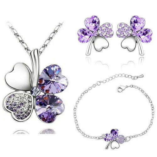 KIMLUD, Crystal Clover 4 Leaf leaves heart pendant Jewelry sets necklace earrings bracelet women lovers cute romantic gifts summer party, silver violet, KIMLUD APPAREL - Womens Clothes